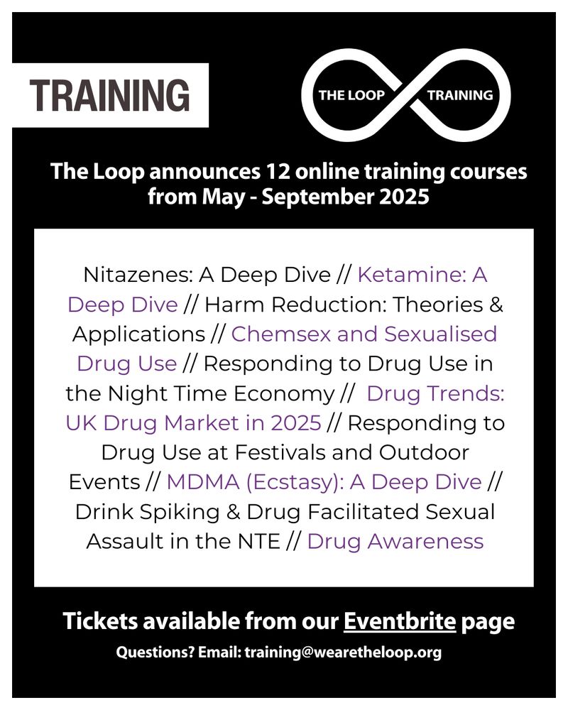White text on a black background, with The Loop training logo.  

Text reads: The Loop announces 12 online training courses from May - September 2025. Nitazenes: A Deep Dive // Ketamine: A Deep Dive // Harm Reduction: Theories & Applications// Chemsex and Sexualised Drug Use // Responding to Drug Use in the Night Time Economy // Drug Trends: UK Drug Market in 2025 // Responding to Drug Use at Festivals and Outdoor Events // MDMA (Ecstasy): A Deep Dive // Drink Spiking & Drug Facilitated Sexual Assault in the NTE // Drug Awareness. Tickets available from our Eventbrite page. Questions? Email: training@wearetheloop.org 