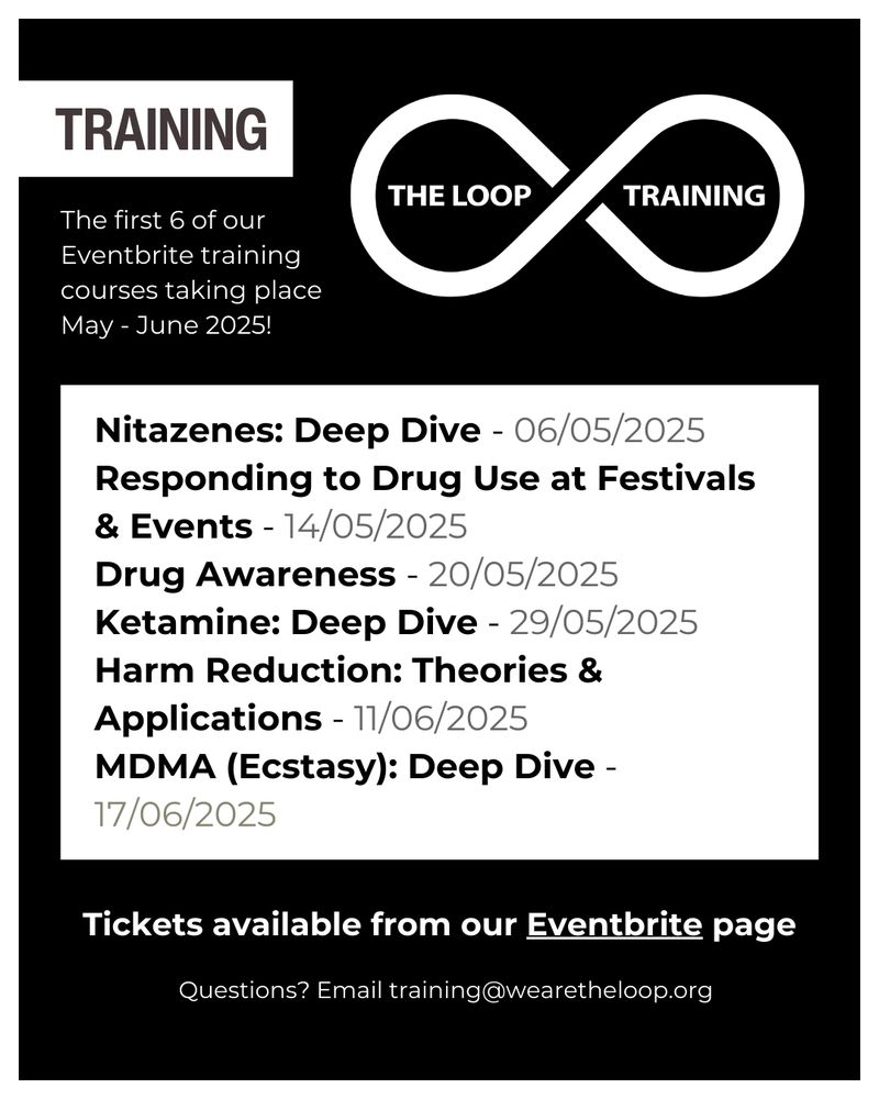 White text on a black background, with The Loop training logo. 

Text reads: The first 6 of our Eventbrite training courses taking place May - June 2025! Nitazenes: Deep Dive - 06/05/2025 Responding to Drug Use at Festivals & Events - 14/05/2025  Drug Awareness - 20/05/2025 Ketamine: Deep Dive - 29/05/2025 Harm Reduction: Theories & Applications - 11/06/2025 MDMA (Ecstasy): Deep Dive - 17/06/2025 Tickets available from our Eventbrite page. Questions? Email training@wearetheloop.org 