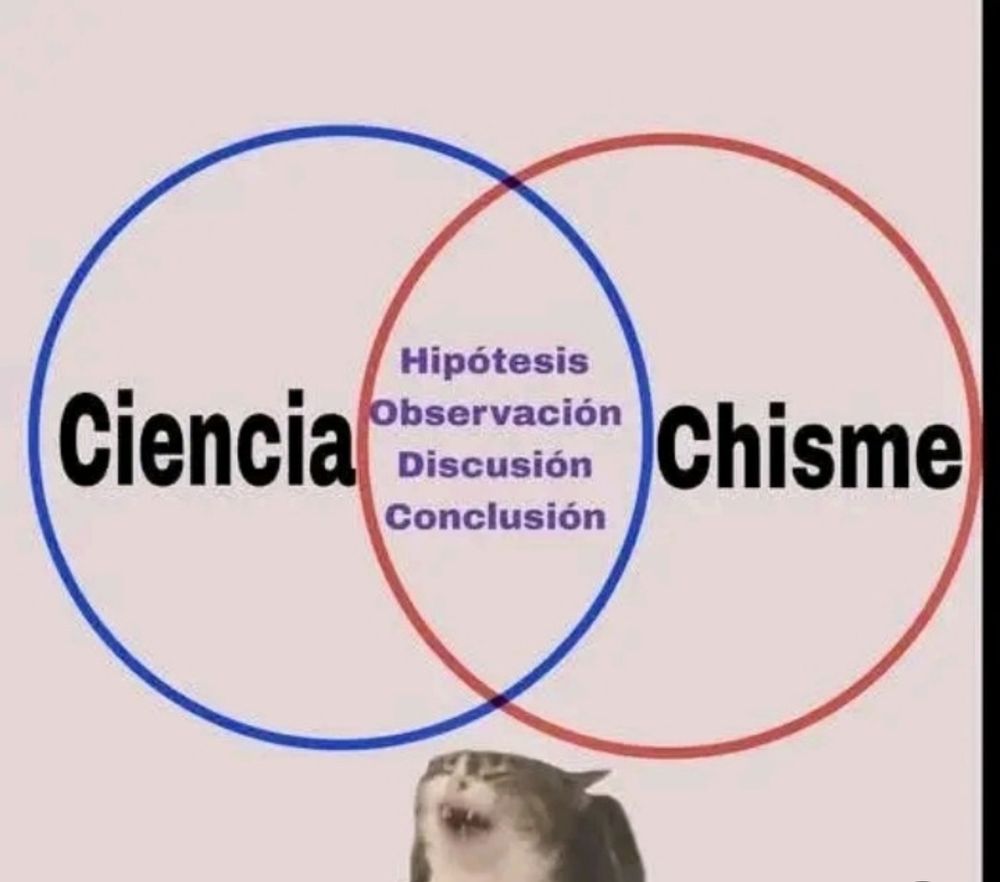 The image shows a venn diagram that says (in Spanish) that the "science" has an intersection with "Gossip" that includes "hypothesis, observation, discussion and conclusion" 