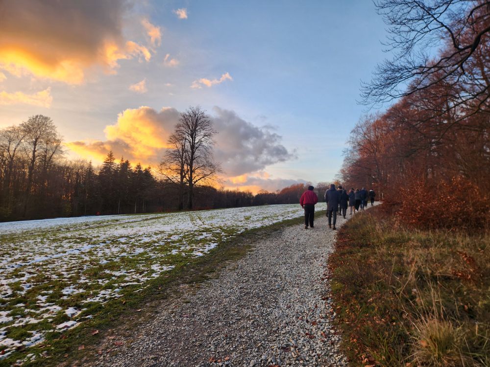 The photo shows a path in a forest, people walking on it, a landscape with a little snow and orange clouds