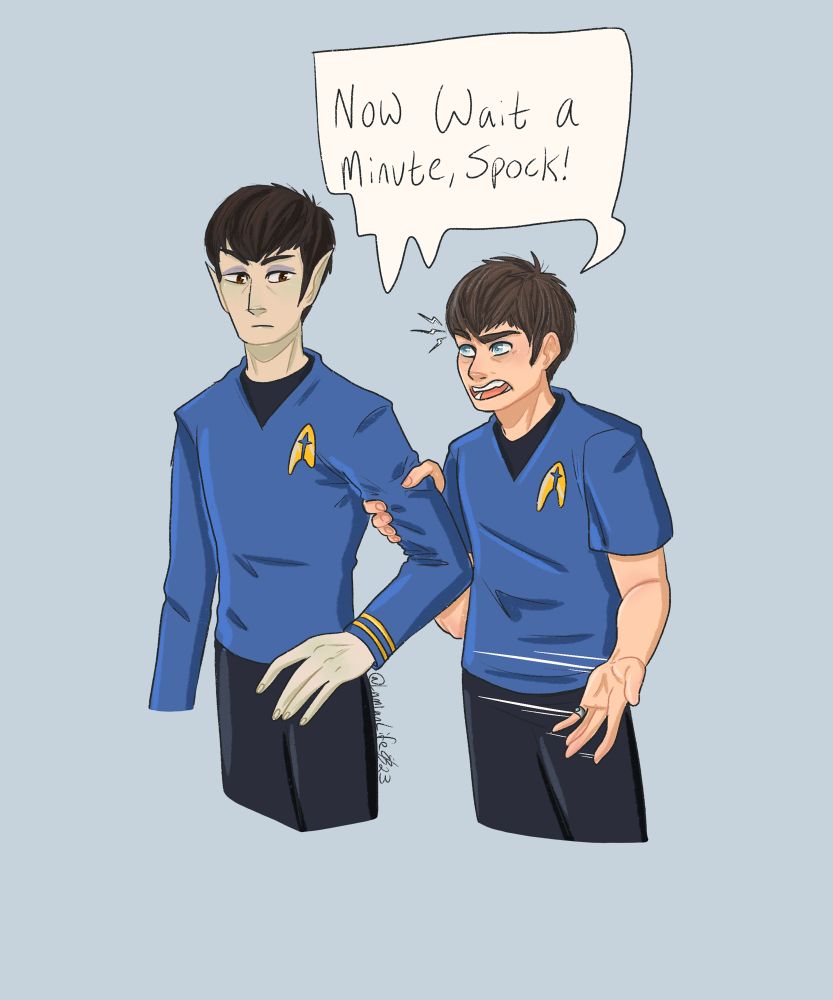 McCoy and Spock getting in a spat. McCoy is gripping Spock by the elbow, his other hand animatedly swiping to the side as he snaps out a, “Now wait and minute, Spock!” 
The science officer is giving him a bombastic side-eye.