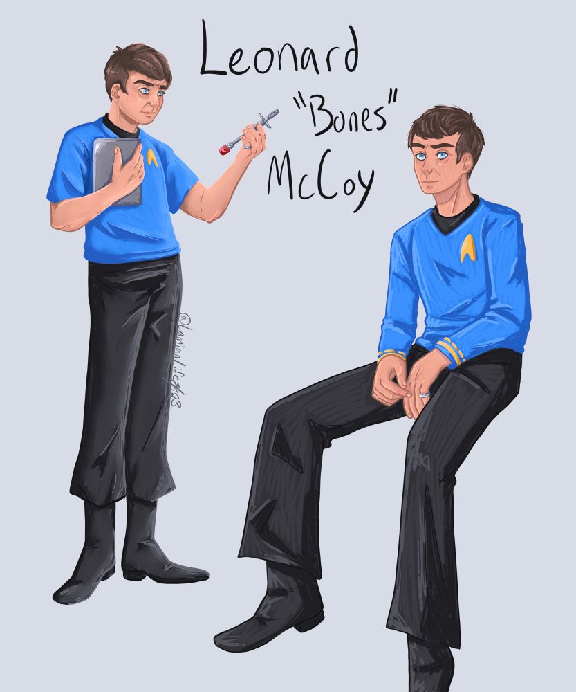 McCoy art practice. I used references of DeForest Kelley for the poses. McCoy stands to the left, a PADD in one hand a hypo in the other. He is looking at the hypo. To the right, he sits on an invisible something, hands relaxed on his lap as he looks into the camera at the viewer.