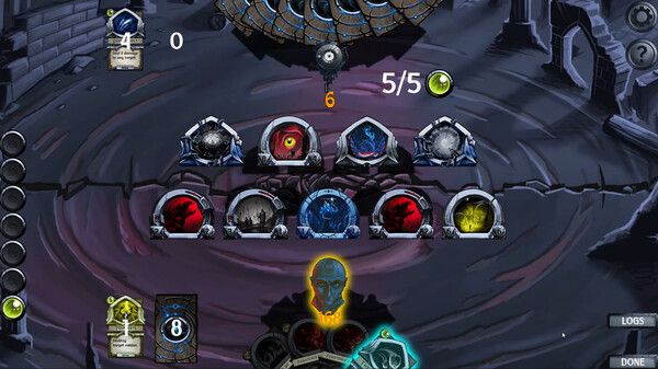 A card game battlefield with two lines of cards, a player hand, and an enemy hand.