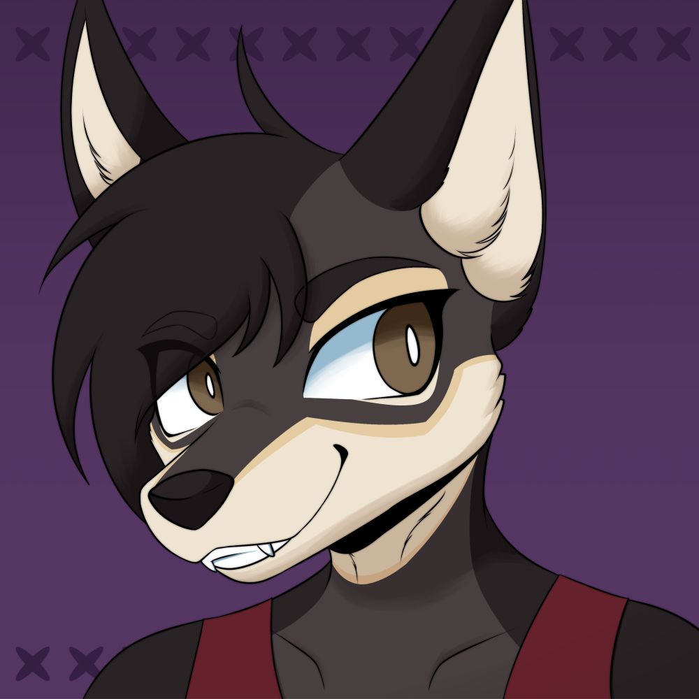 A digital illustration of a black-and-tan jindo dog anthro character on a purple background. The image is cut off at his shoulders, and the main focus is his head. His head is at a 3/4 angle, facing the left of the canvas, while his eyes are moved towards the right, and he is smiling.