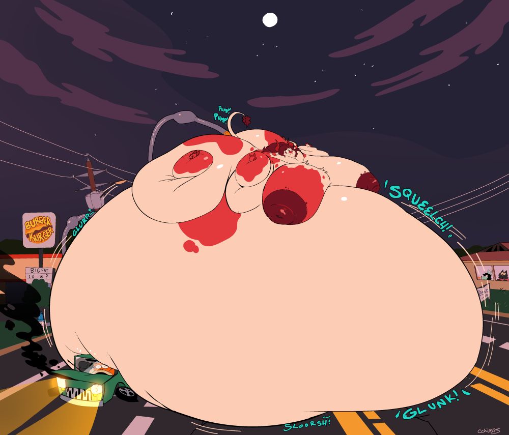 giant fucking cow inflating in the middle of the road with a fire hose up her ass
