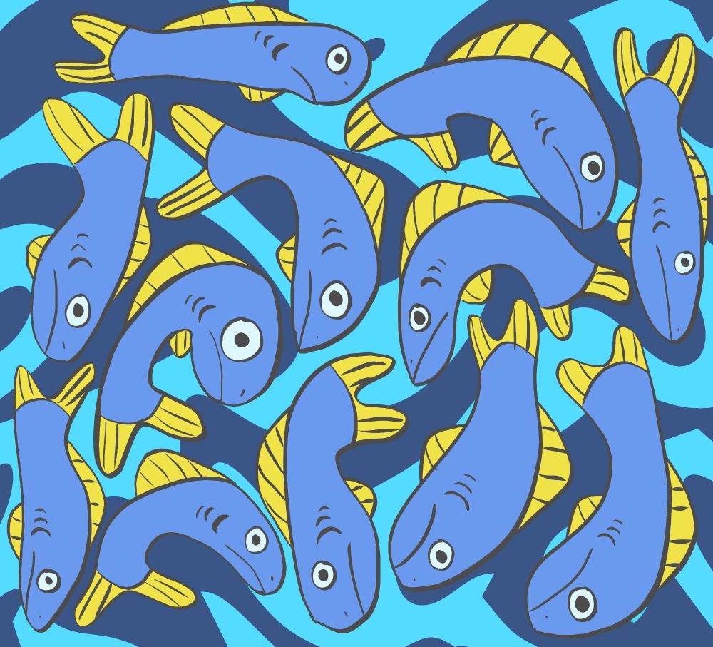 A collection of simplified fish drawings. They are blue with yellow fins. The background is a wavy blue pattern