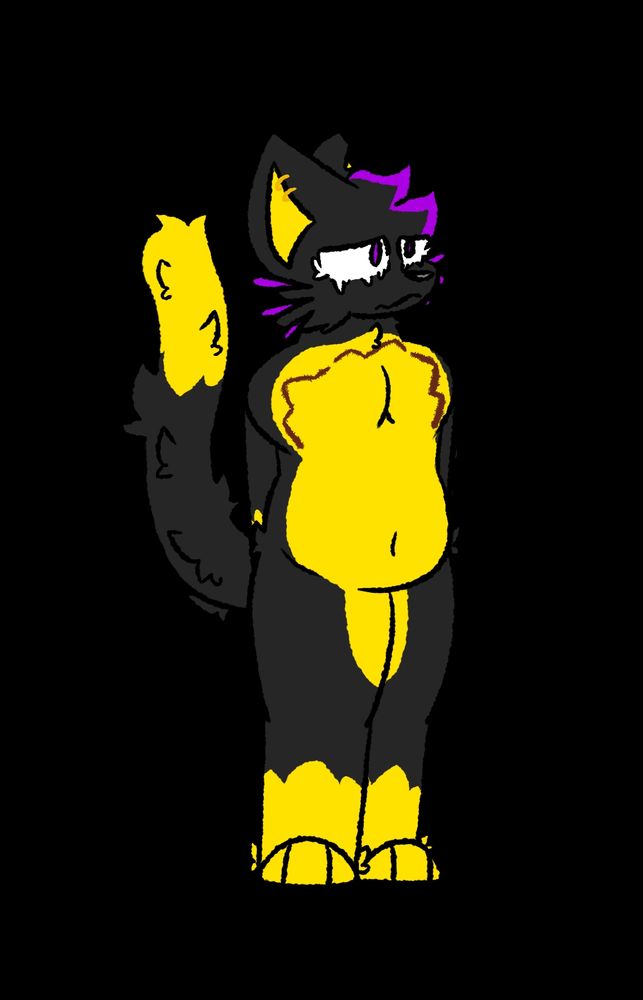 An anthropomorphic feline standing upright with their arms behind them. They wear nothing, showing a large scar arching up from one side of their chest to the other.