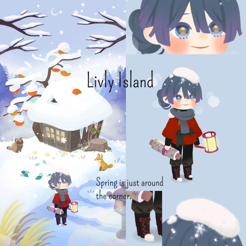 【アイランド】
ツリー：小屋と柿の木
台座：小さな植物の生えた雪の小山
グラウンド：こんもりとした雪山
ラグ：庭の小花
ラグ：砂の輝き
フェンス：広がる冬の朝霧
フェンス：早朝の澄んだ光に照らされた木々
島デコ左後：海面のきらめき風ラメ・左
島デコ左後：タヌキのミニチュア
島デコ右後：小さな切り株
島デコ右後：海風になびく雑草
島デコ左前：雪が積もった葉っぱの山
島デコ右前：はじける朝露
島デコ右前：キツネのミニチュア
手前デコ左：月明りで光り輝くススキ
手前デコ左：重なり合う彩雲
手前デコ右：石灯籠・右
背景：静かな湖の背景
背景：冬の湖畔の背景
フレーム：しんしんと降るぼたん雪
フレーム：閉ざされた霧
天井デコ：雪の積もった木の枝
天井デコ：窓から入り込む雪
フィルター：温泉の明かりフィルター


【ホム】
アイメイク：月夜を映す瞳
リップ：はにかみスタイリッシュリップ
チーク：真っ赤に熟れたほっぺ
アイブロウ：大人っぽい細眉
ノーズ：平たいノーズ
フェイス：ナチュラルフェイス
トップス：預かり所の主の服
ボトムス：夜色のスラックス
シューズ：焦茶の編み上げブーツ
前髪：藤色グラデの結い髪
後髪：花を手向ける貴婦人の髪
頭：頭に舞い落ちた冬のかけら
頭：雲の粒子
右手：薬学の巻物
右手：キメネイル・赤
左手：赤い行灯
体：外遊びでついた雪
体：薄青色の首巻
背景：温かな湯気