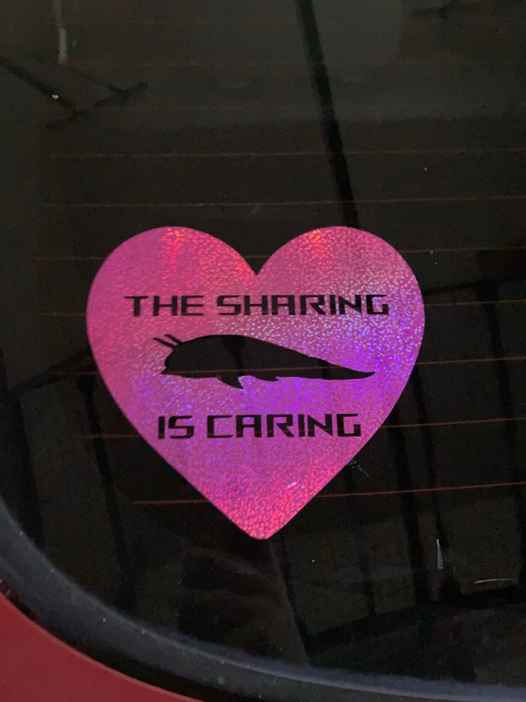 A picture of a vinyl car sticker on the back windshield of a car. A sliver of the car’s body is visible, showing that it is a red car. The sticker is a shimmery pink. The sticker is shaped like a heart and has the words “The Sharing Is Caring” in a blocky futuristic text, cut out from the inside of the heart. The phrase is split in two, “The Sharing” on top and “Is Caring” on the bottom. Between the two is a cutout silhouette of a Yeerk from the Animorphs book series.