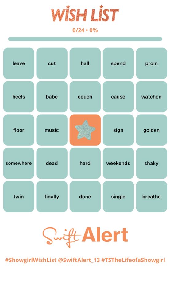 WISH LİST
0/24 • 0%
leave
cut
hall
spend
prom
heels
babe
couch
cause
watched
floor
music

sign
golden
somewhere
dead
hard
weekends
shaky
twin
finally
done
single
breathe
Swift Alert
#ShowgirlWishList @SwiftAlert_13 #TSTheLifeofaShowgirl