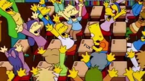 Imagem de Os Simpsons onde a turma inteira comemora enquanto Bart está sentado ao Centro triste. Em frente o Bart o nome FUX 