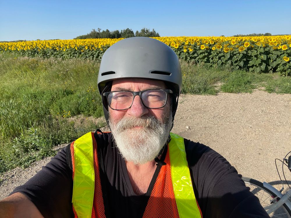 The poster with sunflowers in the background. 