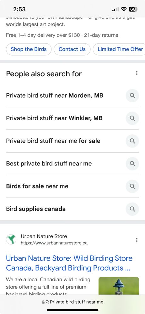 Search results screen “ Private Bird Stuff.”