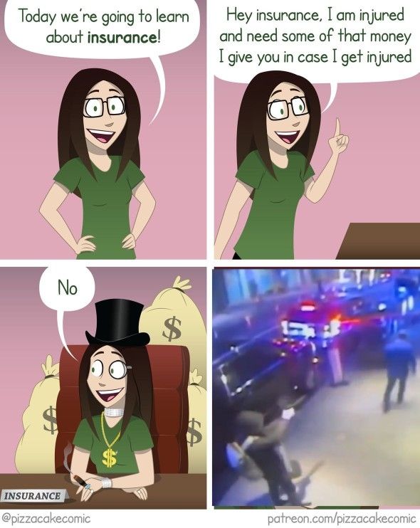Meme. 4 panels.

1. Woman says "Today we're going to learn about insurance!"

2. "Hey insurance, I am injured and need some of that money I give you in case I get injured."

3. A depiction of a rich person, complete with bags of money, gold dollar sign necklace, and a top hat, along with a desk plague that says "Insurance", says "No"

4. United Healthcare CEO getting shot. 