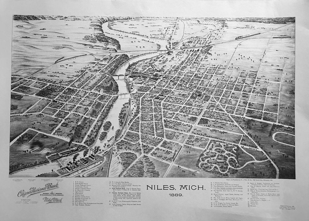 Map of Niles Michigan from 1889 commissioned by citizens national Bank.
