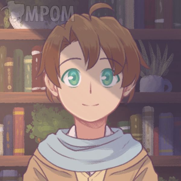 Clarke as a child if everything didn't go wrong, made using MagicalPouchesOfMagic's picrew character maker. A young male human child with brown-hair and green-eyes, wearing fine desert clothes, standing in front of a well-cared for bookshelf.
