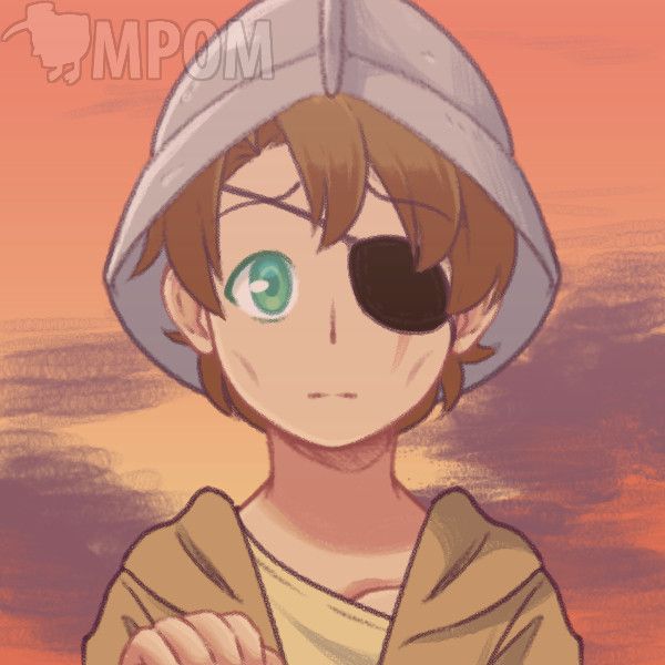 Clarke as a child, made using MagicalPouchesOfMagic's picrew character maker. A young, malnourished male human child with brown-hair and green-eyes, wearing a black eyepatch over a scarred eye, an oversized knight's helmet, and oversized desert clothes.