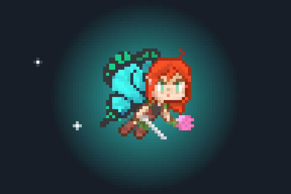 Pixel art of Clarke (red-haired pixie with glowing sea-green wings) wielding a sword and a lotus flower wand.