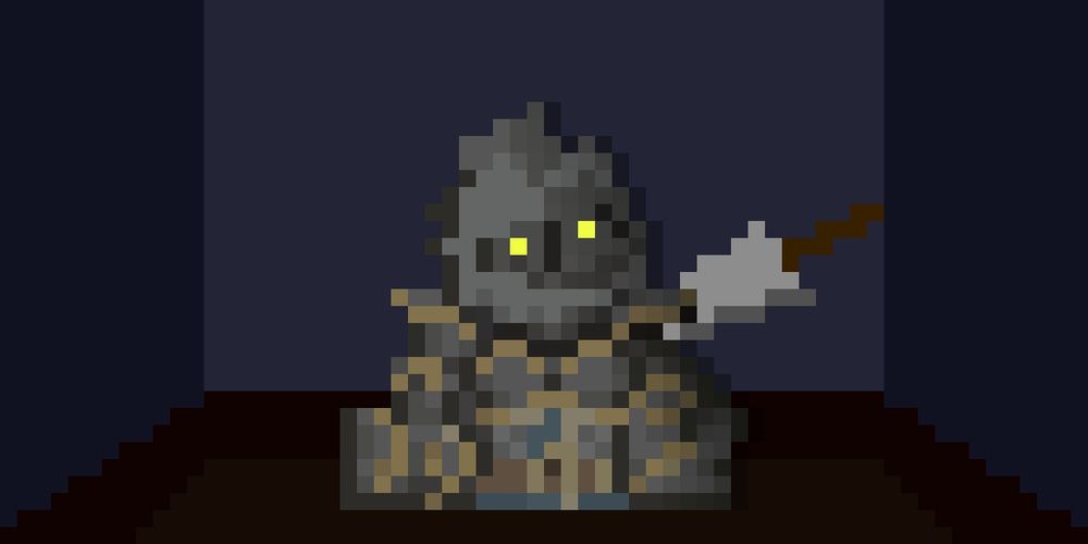 Pixel art of a broken-down awakened suit of armor with bright yellow glowing eyes.