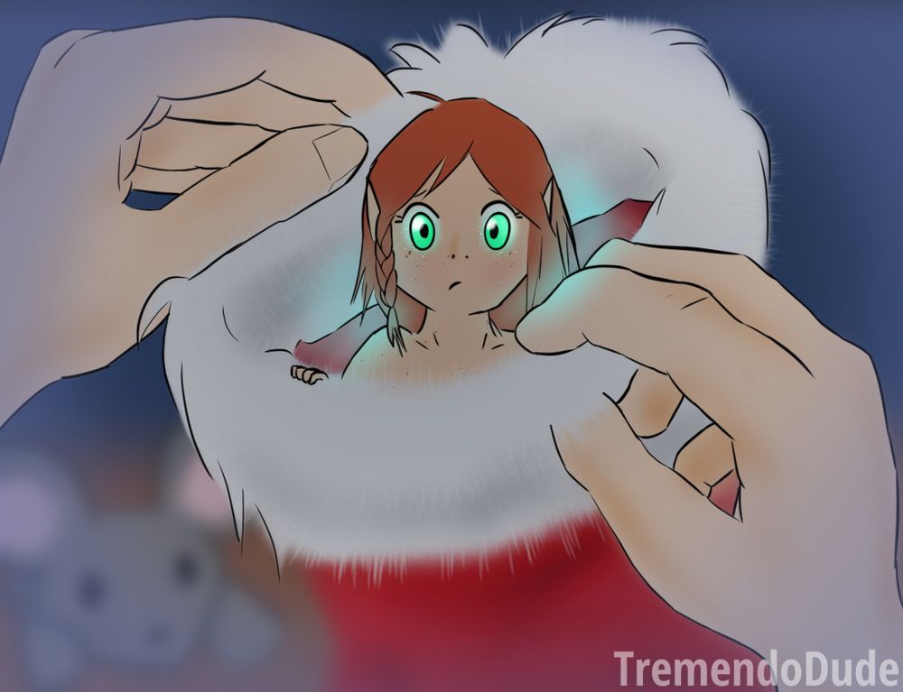 Hazy dreamlike POV of finding Clarke (red-haired pixie) hiding in a red winter stocking.
