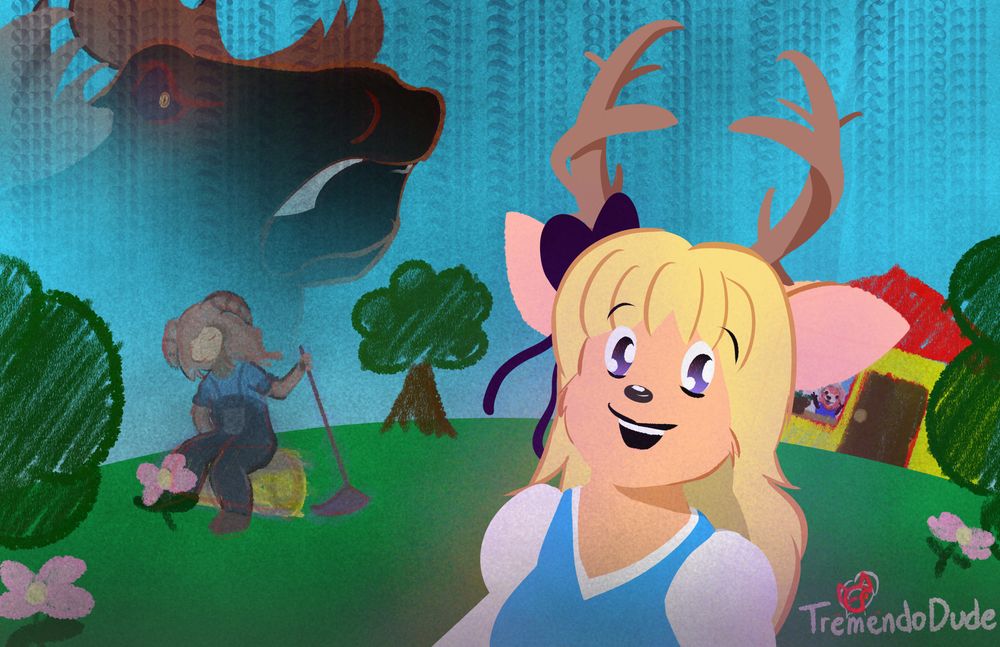 Venayane Doe (pacchibi's blonde-haired female deer anthro villager girl) stands cheerily in front of a cheery village scene, but something is amiss. The faded visage of an angry moose and a barely visible tall, thin spire rise over the the village, which is somewhat enshrouded and depicted in crayon like a child's drawing.

Barely visible and tessellated across the background sky are repeating words: "May You Find Solace In This Life You Have Chosen".