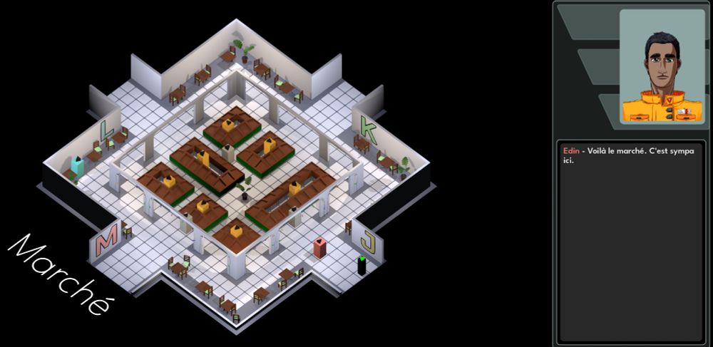 Image from Khonsu Station. We can see the main character entering the market, a squarish level with four corridors leading to an intersection where people have booth and exchangine stuff. On the side of the room, we can see tables, and chairs. Someone is drinking a coffee in the west corner of the room. Merchants are at their booths. The main character arrived from the east corridor. He says "Here's the market. It's really nice !".