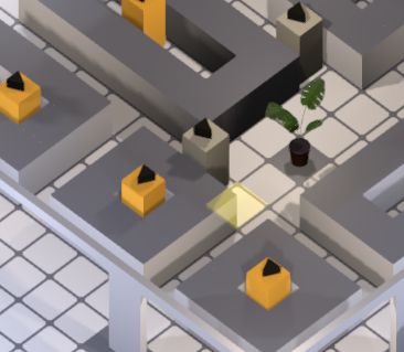 Image of Khonsu Station, the game I am currently developing.
We can see a scene with characters (cubes). One of these characters is telegraphing their next action by indicating on the ground, the next cell they're going to walk on. The zone is yellow, to indicate the character is going to "push" the player it they walk on the cell at their turn.