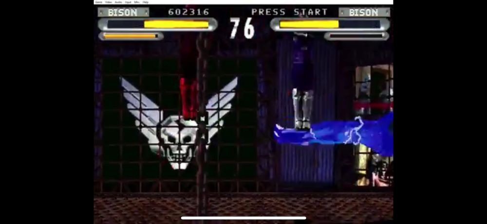 A screencap of a bison vs bison mirror match on street fighter the movie