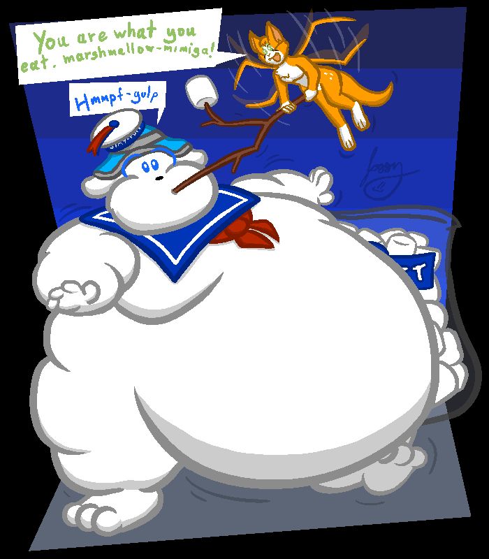 Fidget from Dust an Elysian Tail feeds Stay-Puft marshmallows to Scuff who wobbles unsteadily as they transform from mimiga to marshmallow