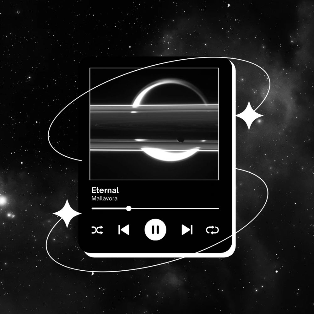 A black and white photo of stars with a graphic overlaid that looks like Spotify’s now playing screen. The song is Eternal, by Mallavora. 