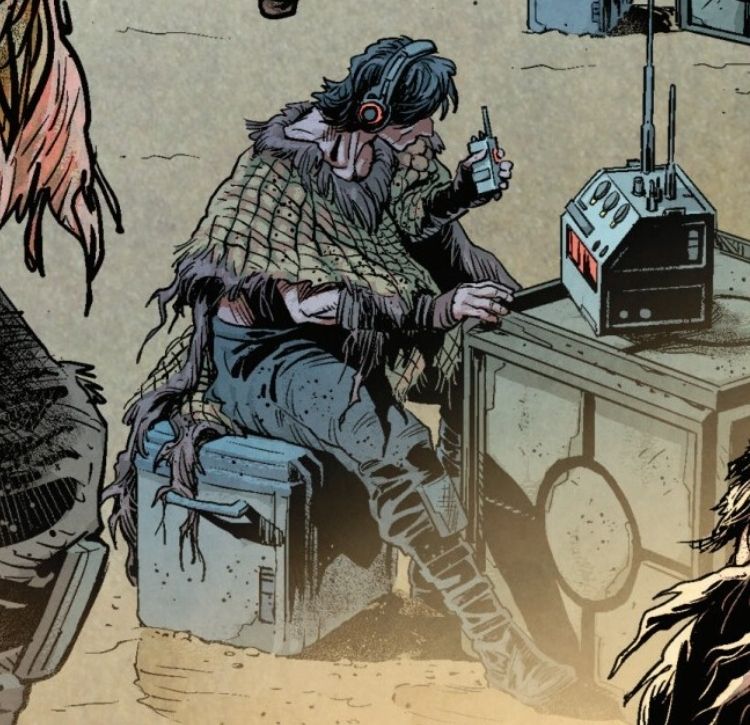 Panel from "The Legacy of Vader" issue #3 comic. Kylo in the Tatooine desert sending a communication to the Finalizer while wearing a poncho made of a reptile creature's scales.