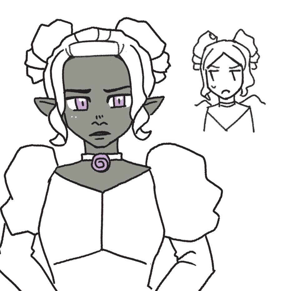 Digital line art of a character with space buns. she is dressed in formal looking attire but does not look too happy about it.