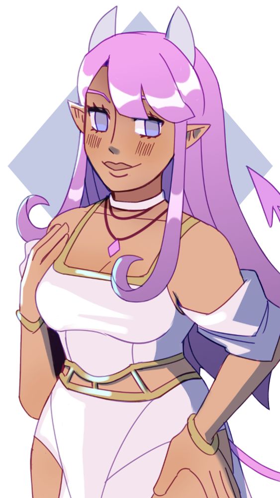 Digital art of a purple-haired cleric character dressed in white clothing. they have white horns and a devil tail.