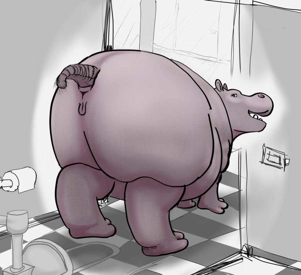 Rear view of a hippo in a public restroom, defecation imminent 