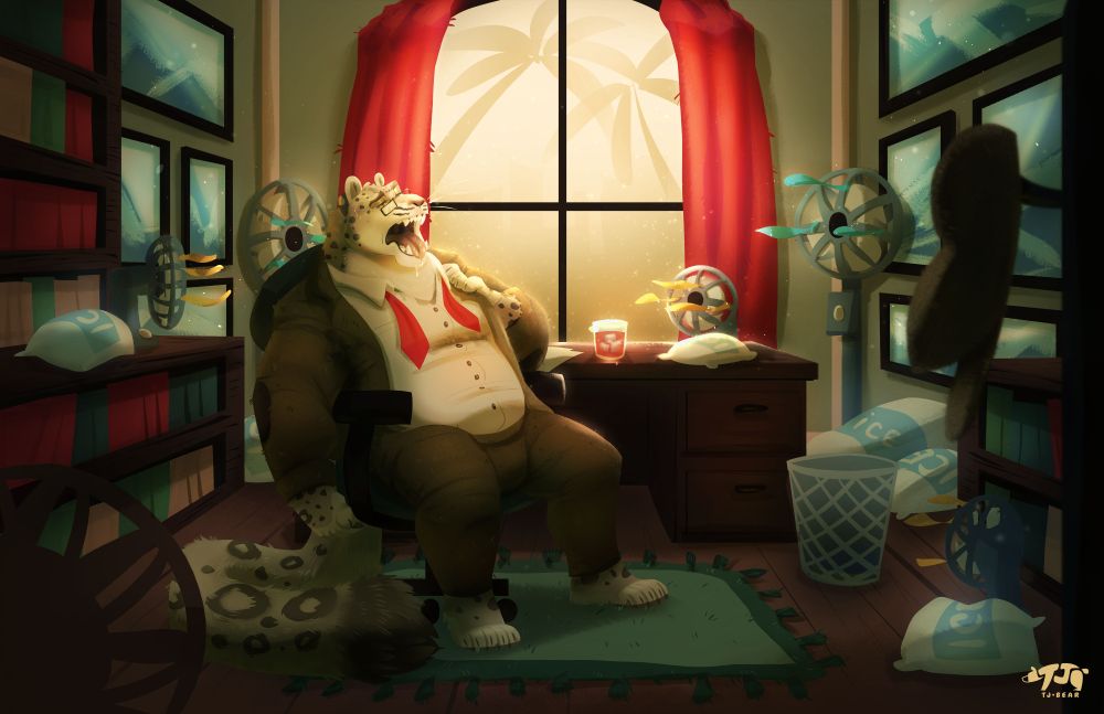 A snow leopard professor sprawls panting in his office. Outside is haze, sun, and palm trees. He is surrounded by fans, bags of ice, and paintings of the snowy mountains he so badly misses. Art by TJ Bear