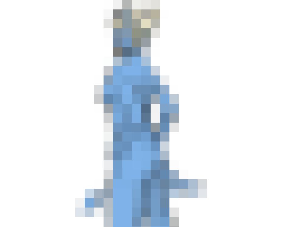 a very pixelated image of a blue humanoid figure on a white background
