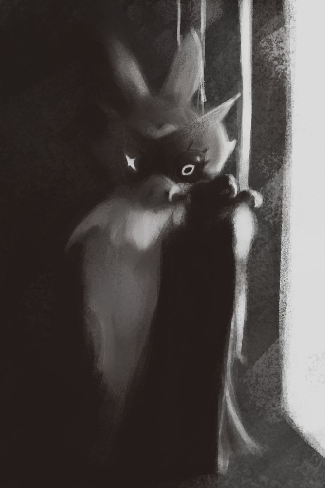 Unnamed dark ratatan bat standing in the middle of a corridor with its left hand raised facing towards the audience