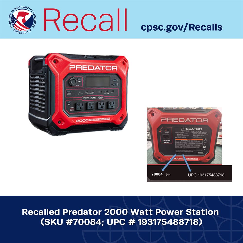 Recalled Predator 2000-Watt Power Station (SKU #70084; UPC # 193175488718)