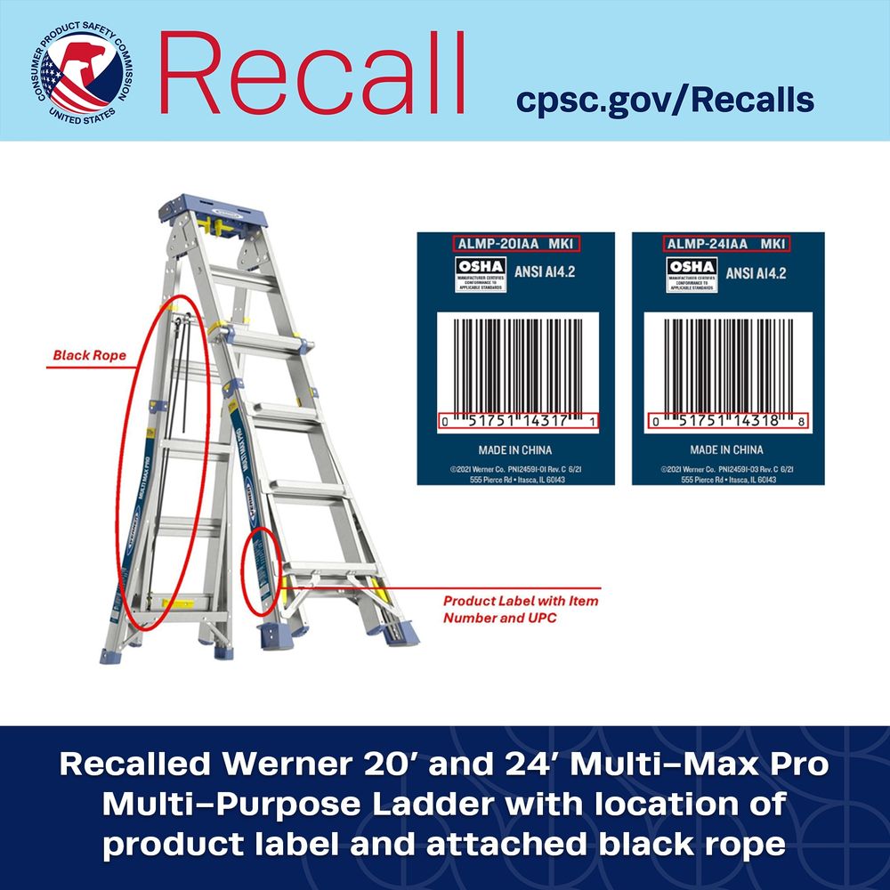 Recalled Werner 20’ and 24’ Multi-Max Pro Multi-Purpose Ladder with location of product label and attached black rope