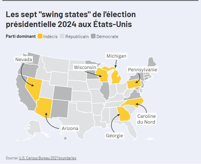 Carte des sept "swing states" pour l'élection présidentielle des Etats-Unis de 2024 : Arizona, Caroline du Nord, Géorgie, Michigan, Nevada, Pennsylvanie, Wisconsin.