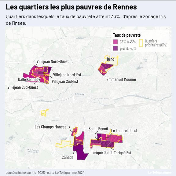 La carte des quartiers de Rennes dans lesquels la pauvreté atteint au moins 33%, d'après le zonage Iris de l'Insee.