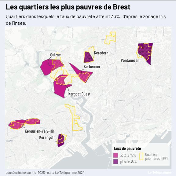 La carte des quartiers de Brest dans lesquels la pauvreté atteint au moins 33%, d'après le zonage Iris de l'Insee.