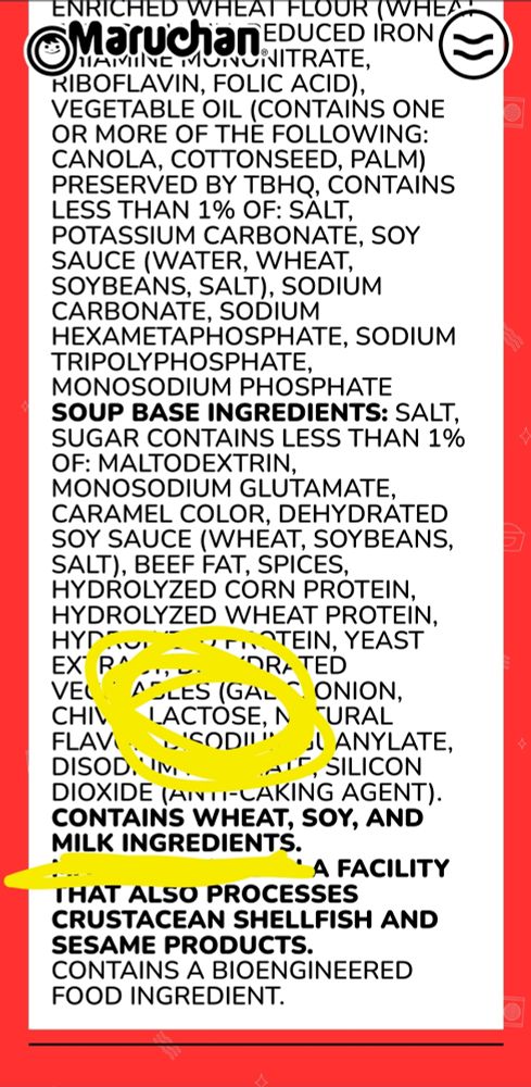 screencap of the ingredients in beef maruchan ramen from their website, with LACTOSE and MILK INGREDIENTS circled and underlined in yellow.