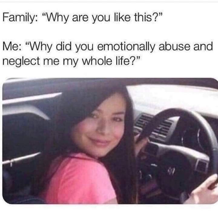 slightly fried meme, photo of a young woman in the driver's seat of a car looking at the camera smiling sarcastically.
caption reads:
 Family: "Why are you like this?"
Me: "Why did you emotionally abuse and neglect me my whole life?"