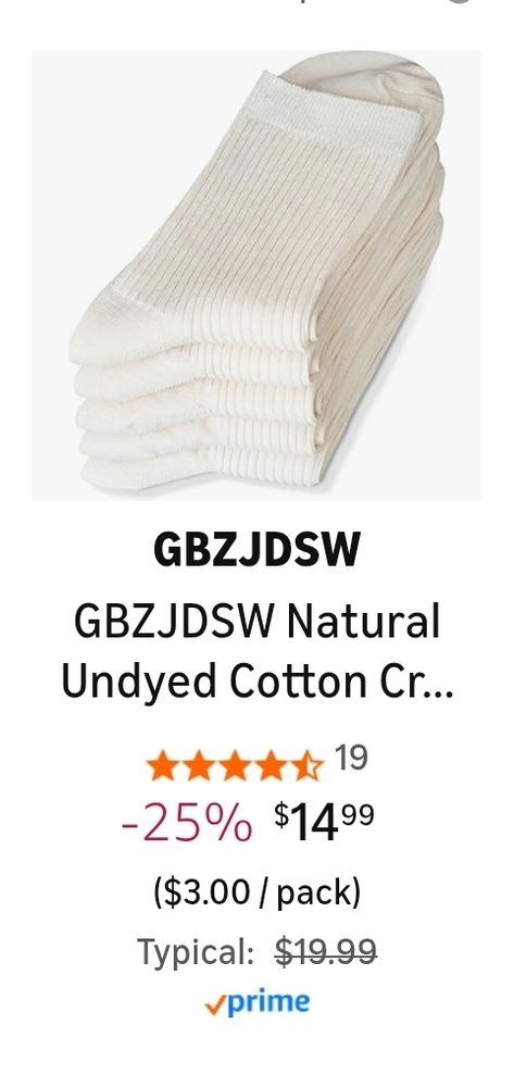 screencap of an amazon product, a pack of 5 pairs of undyed cotton socks from a seller called GBZJDSW