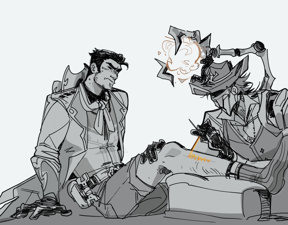 fanart of jayce and viktor from league of legends, dressed up as part of the weird west High Noon skinline. Jayce is a very fancy cowboy laid up on viktor's examination table, his leg propped up on a rest so viktor can stitch it up with demonic threads. dont ask about it. Viktor is half metal ghoul and half human, doing his job as a doctor. He wears a mask and very fark gloves, grabbing jayce's thigh meat like someone's going to take it from him. his third metal arm is bobbed up above his head like a functional light.