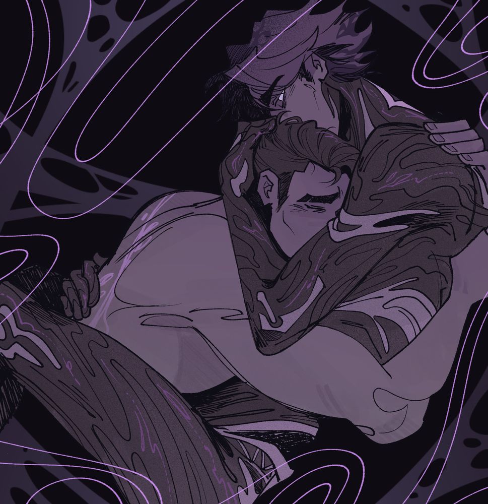 arcane season 2 fanart. Viktor and jayce hug eachother tightly in a dark cramped void space, half floating among swirls of light and magic webbing that fades into the deeper black. Viktor's body is fully transmogrified into a black-purple material, clutching jayce's head into his chest, hiding his face into the other man's hair. He has one bright white eye open like a spotlight, staring right at the viewer. Jayce is half-naked, the scar on his back glimmering faintly as he cradles viktor's body, his eyes are shut.