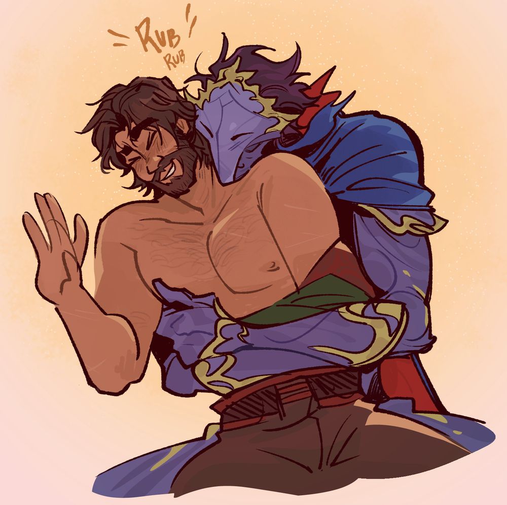 jayvik fanart from arcane, late season 2. Machine herald viktor approaches from behind and squeezes jayce into a hug while he's trying to take off his shirt. Jayce laughs, caught by surprise. the machine herald's mask is softened into an almost-smile with its eyes closed, and viktor nuzzles into the curve of jayce's bare neck. The herald's hair has been chopped up to be shorter and spikier; jayce still has a beard and shaggy hair. there is a nonzero chance that viktor is trying to pinch his nipple