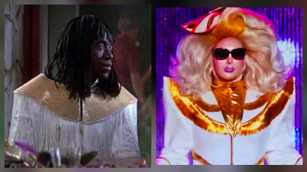 Splitscreen of Don Cheadle in Boogie Nights and Irene the Alien from RPDR AS10, both in gold and white outfits with fringe