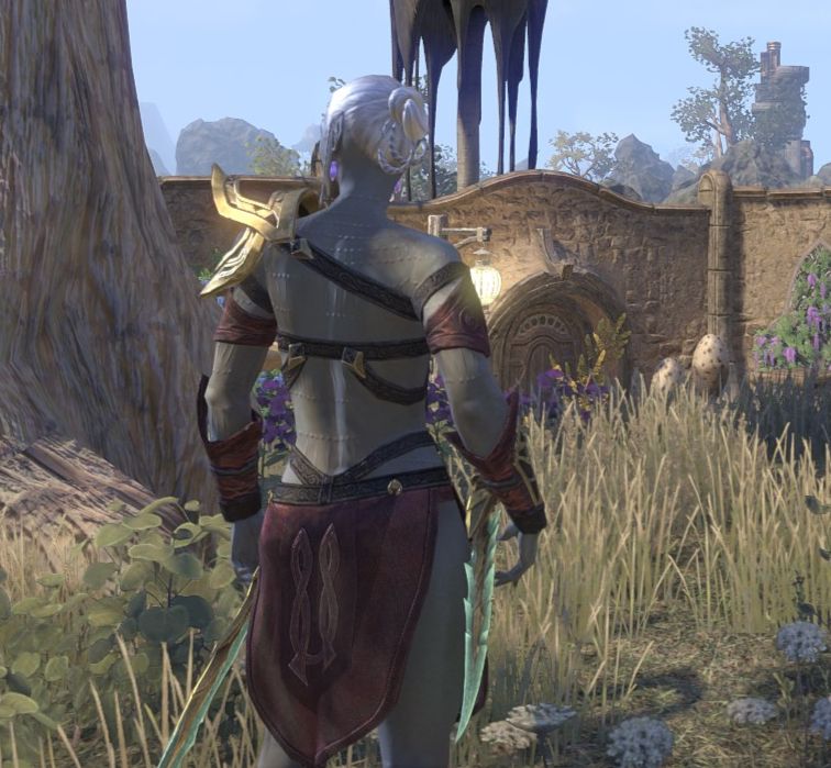 A dark elf woman with white hair in a recolored version of Almalexia's outfit from behind. Straps makes it look like  she's wearing a thong high up
